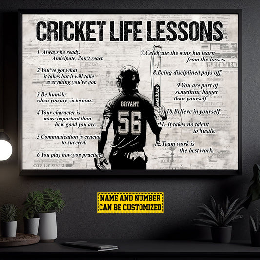 Cricket Life Lessons, Personalized Motivational Cricket Boy Canvas Painting, Inspirational Quotes Wall Art Decor, Poster Gift For Cricket Lovers