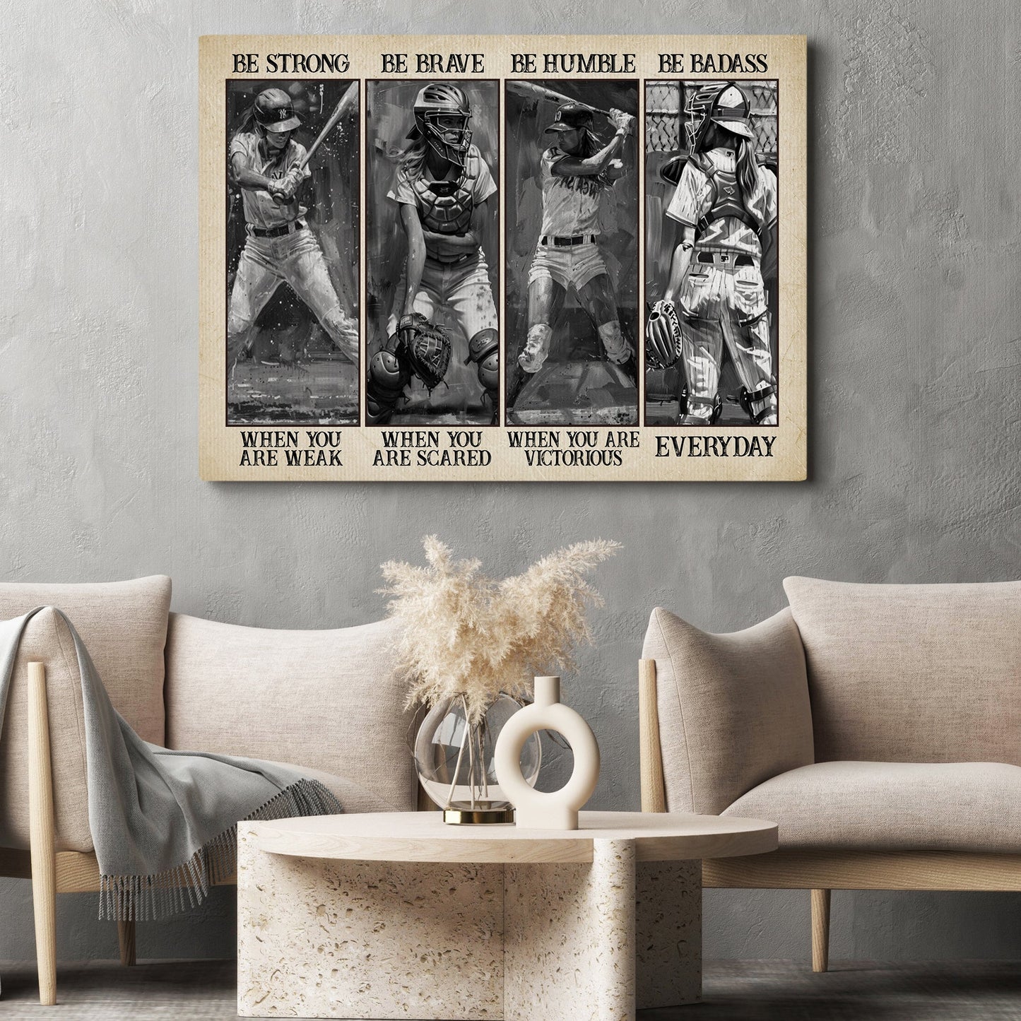 Be Strong Be Brave Be Humble Be Badass, Softball Girl Canvas Painting, Inspirational Quotes Softball Wall Art Decor, Poster Gift For Softball Lovers