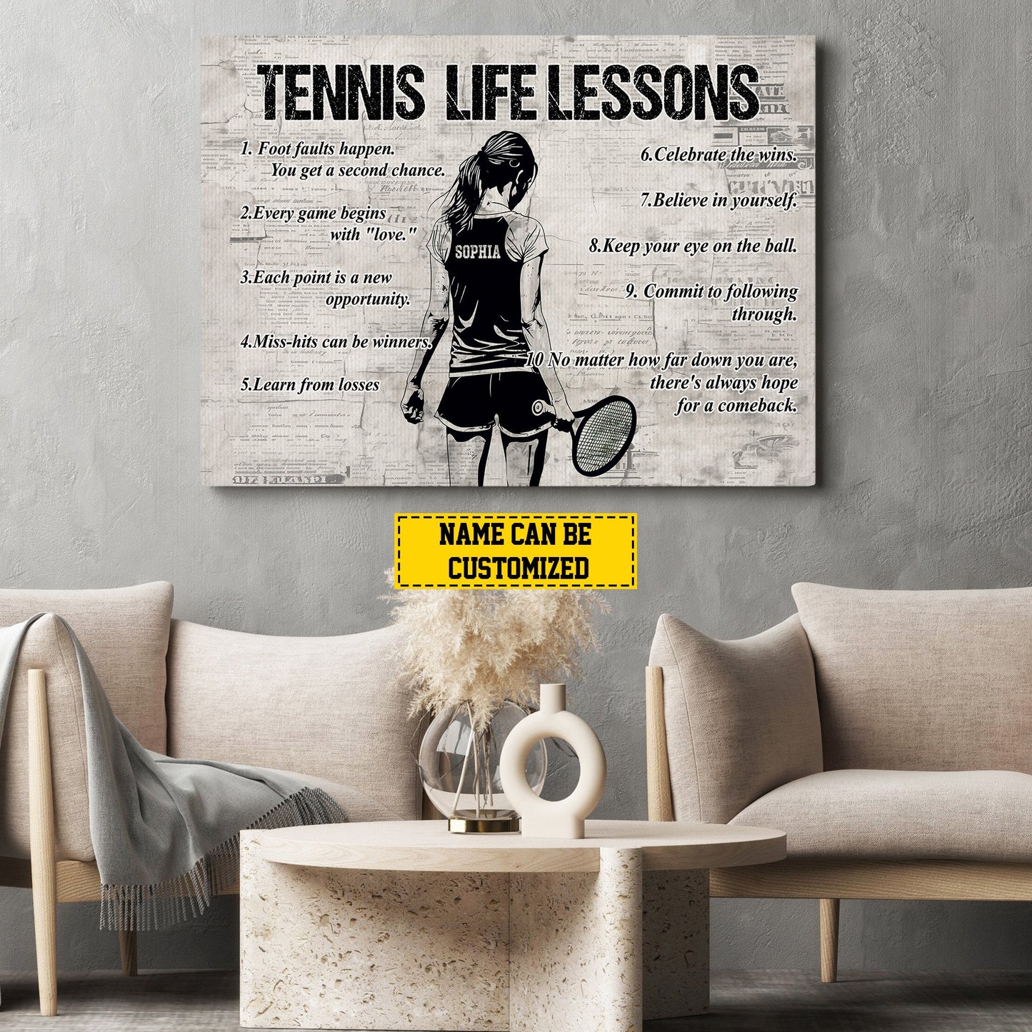 Tennis Life Lessons, Personalized Motivational Tennis Girl Canvas Painting, Inspirational Quotes Wall Art Decor, Poster Gift For Tennis Lovers