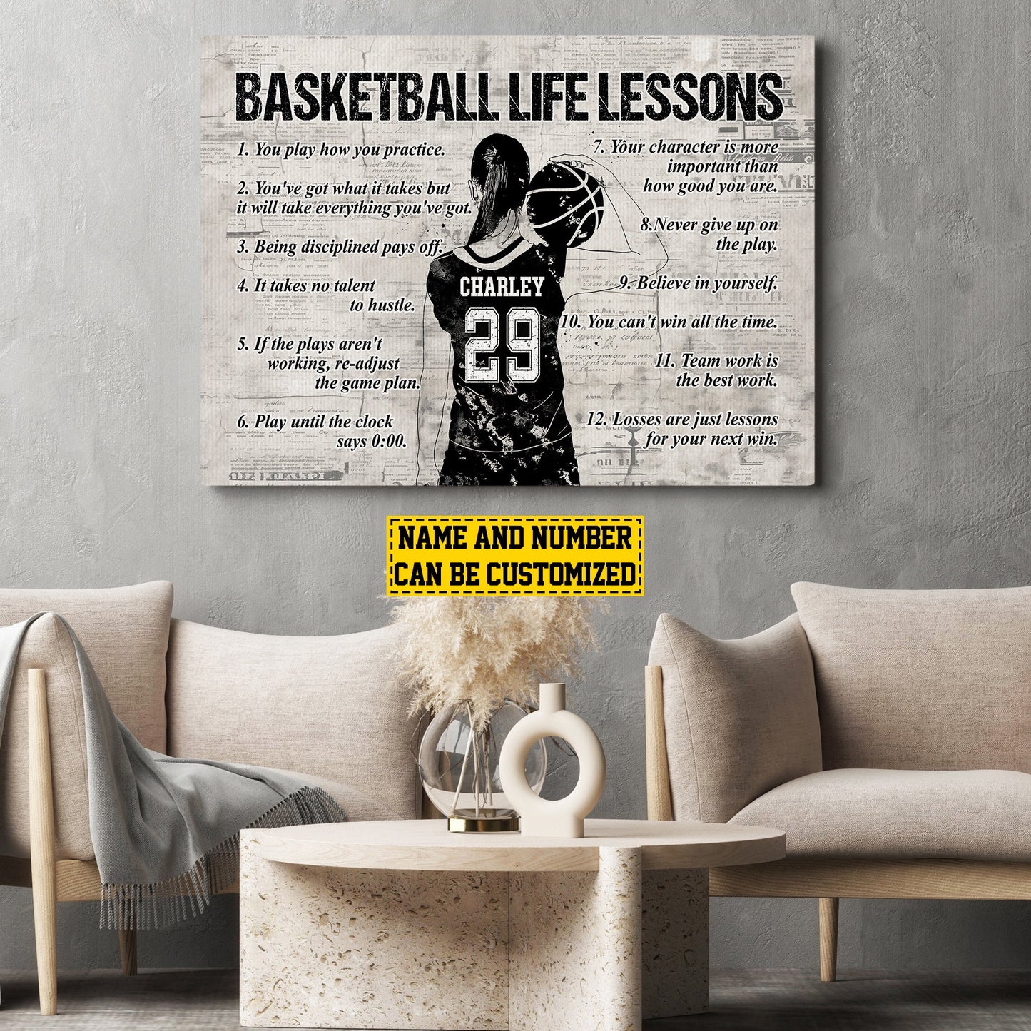 Personalized Motivational Basketball Girls Canvas Painting, Basketball Life Lessons, Inspirational Quotes Wall Art Decor, Poster Gift For Basketball Lovers