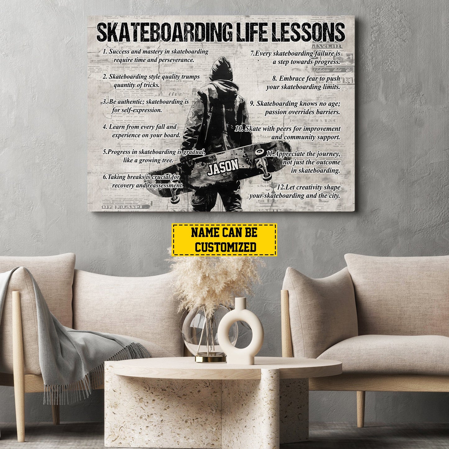 Skateboarding Life Lessons, Personalized Motivational Skateboarding Canvas Painting, Inspirational Quotes Wall Art Decor, Poster Gift For Skateboarding Lovers