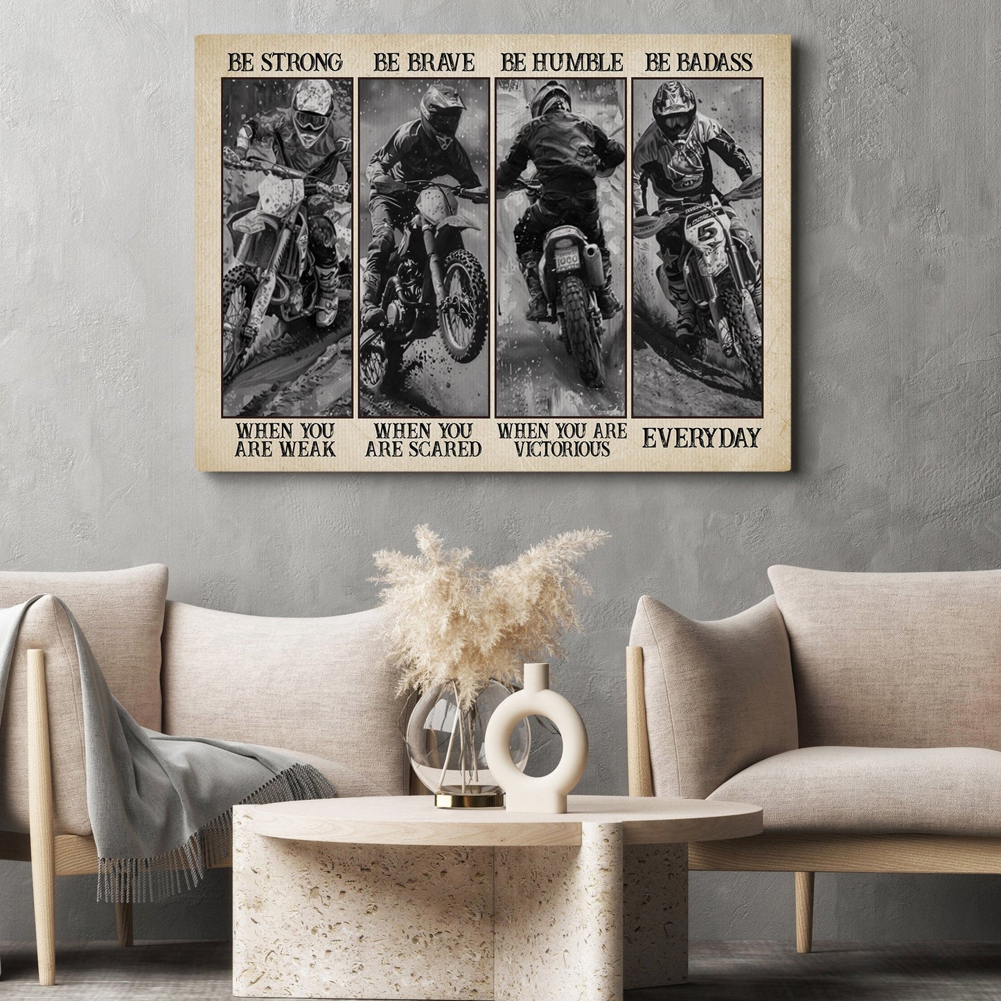 Be Strong Be Brave Be Badass, Motivational Dirt Bike Canvas Painting, Inspirational Quotes Wall Art Decor, Poster Gift For Dirt Bike Lovers