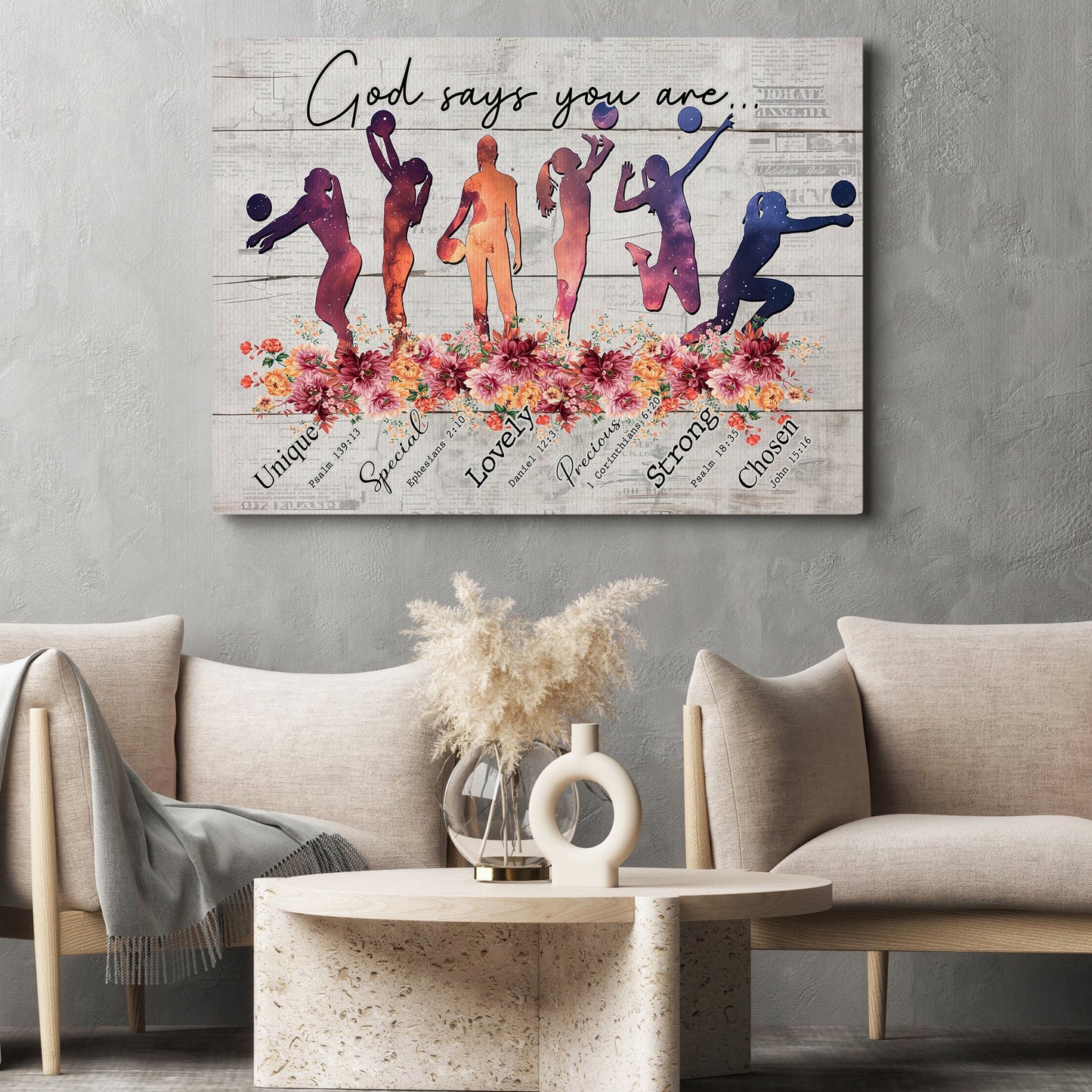 God Says You Are Unique Special Chosen, Volleyball Girl Canvas Painting, Inspirational Quotes Volleyball Wall Art Decor, Poster Gift For Volleyball Lovers