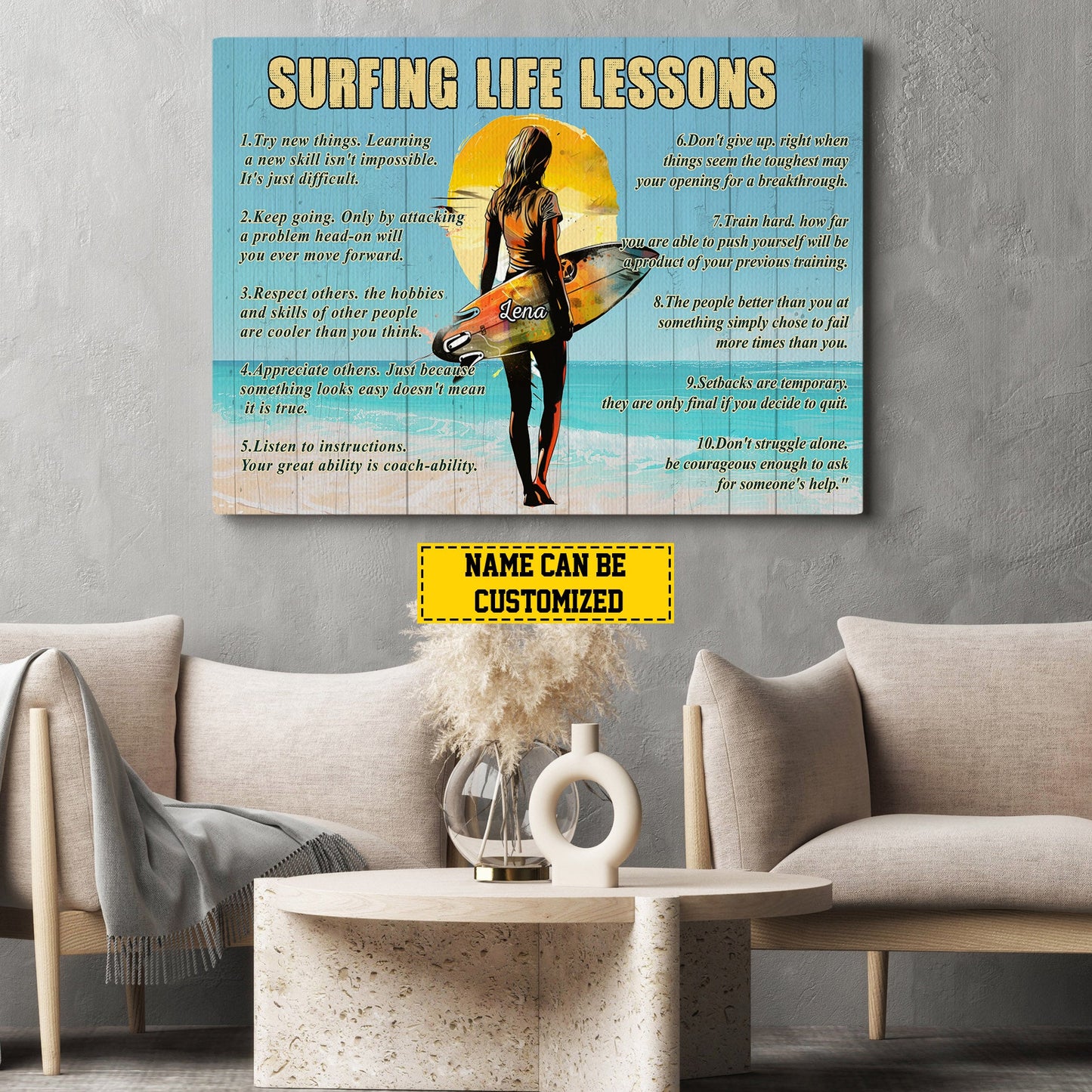 Surfing Life Lessons, Personalized Motivational Surfing Woman Canvas Painting, Inspirational Quotes Wall Art Decor, Poster Gift For Surfing Girl Lovers