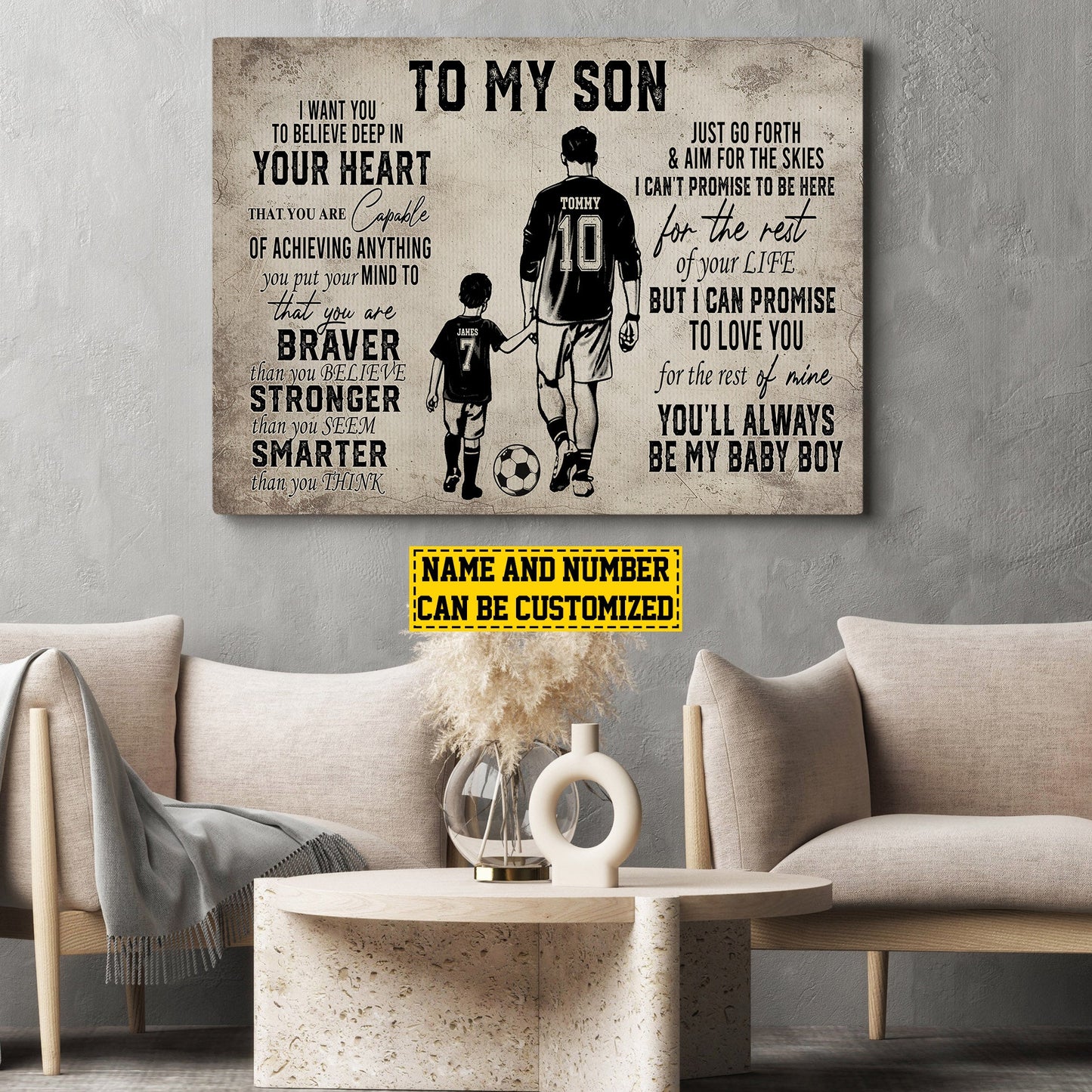 To My Son You Are Braver, Personalized Motivational Soccer Boy Canvas Painting, Inspirational Quotes Soccer Wall Art Decor, Father's Day Poster Gift For Dad And Sons