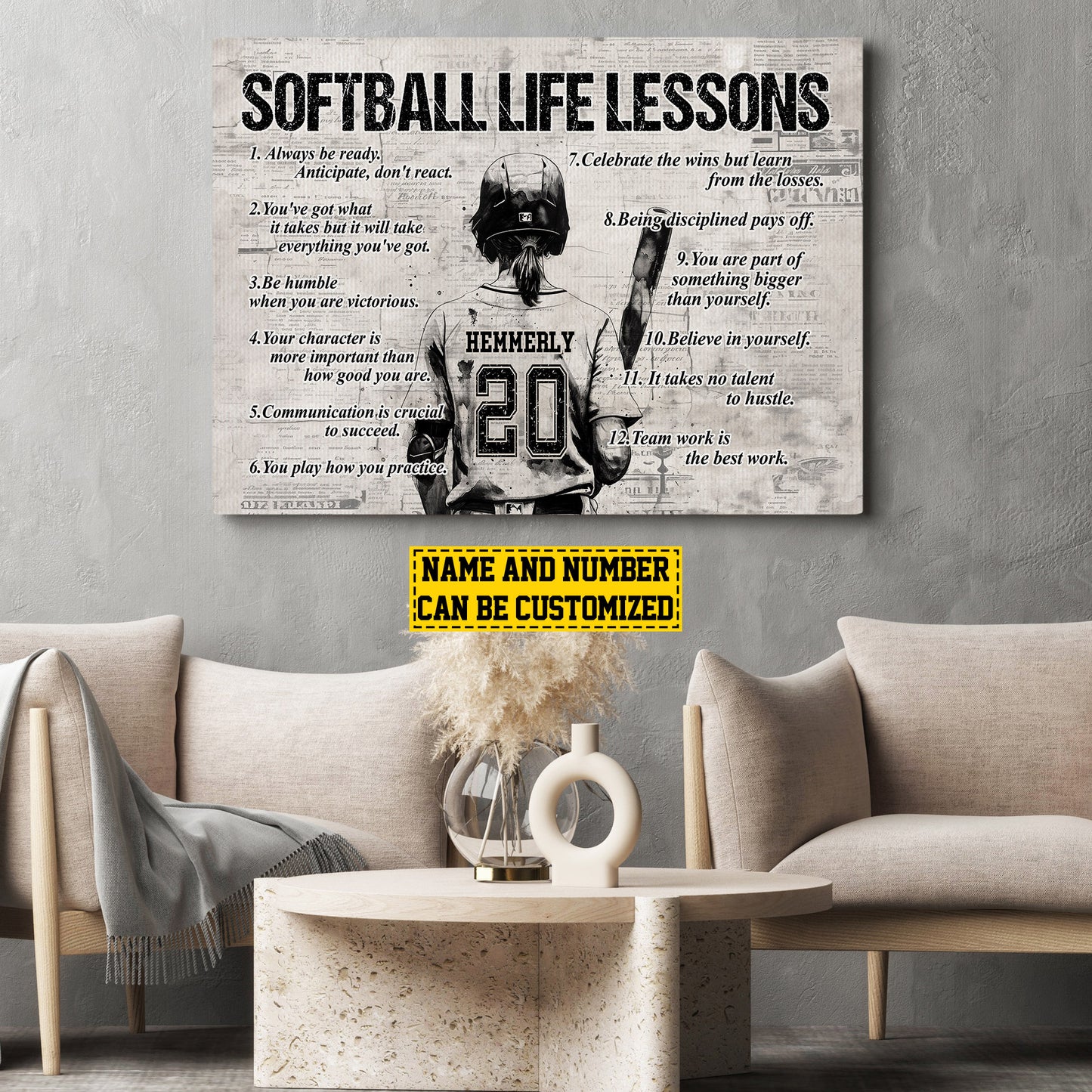 Softball Girl Life Lessons Always Be Ready, Personalized Motivational Softball Canvas Painting, Inspirational Quotes Wall Art Decor, Poster Gift For Softball Girl Lovers