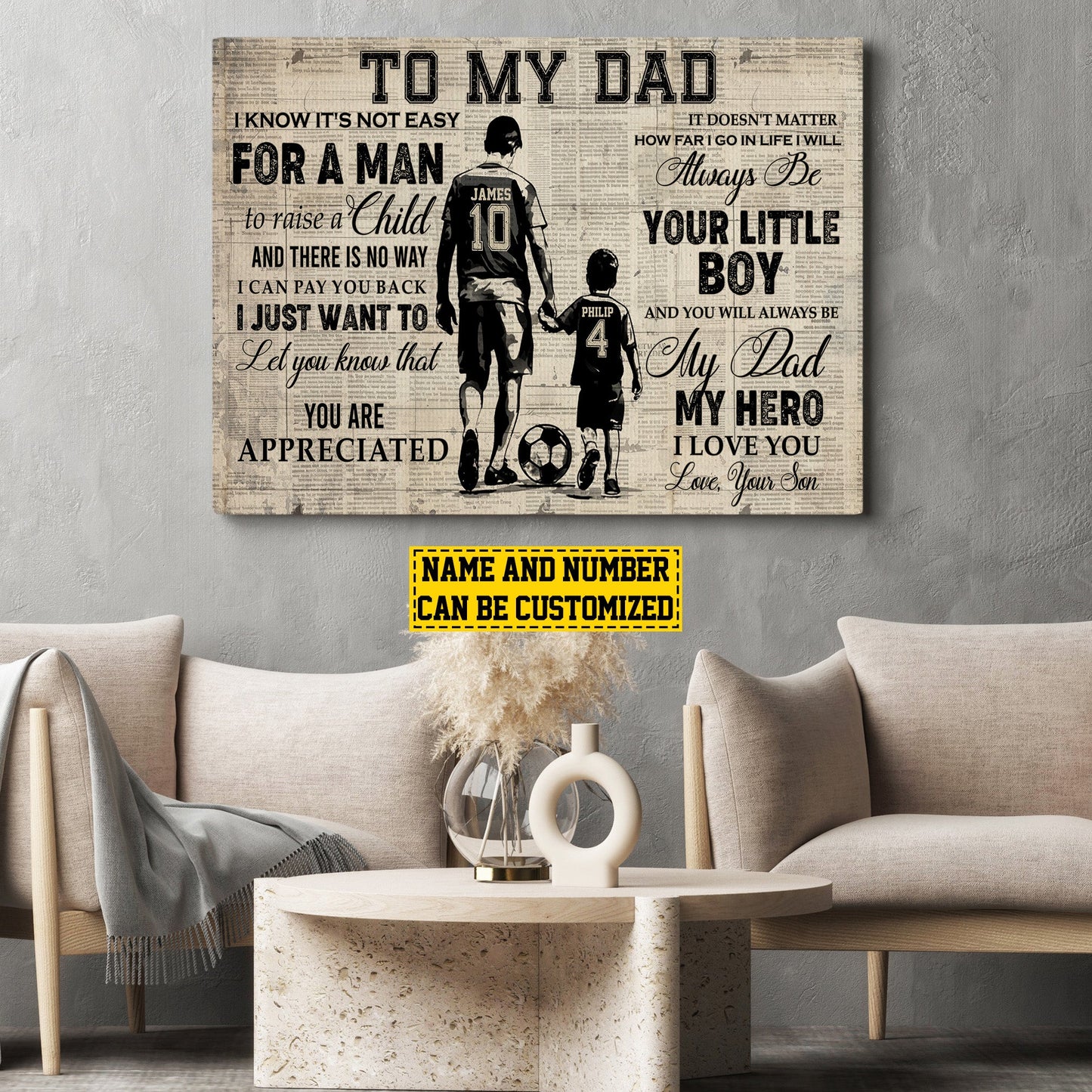 To My Dad My Hero, Personalized Motivational Soccer Boy Canvas Painting, Inspirational Quotes Soccer Wall Art Decor, Father's Day Poster Gift For Dad And Sons