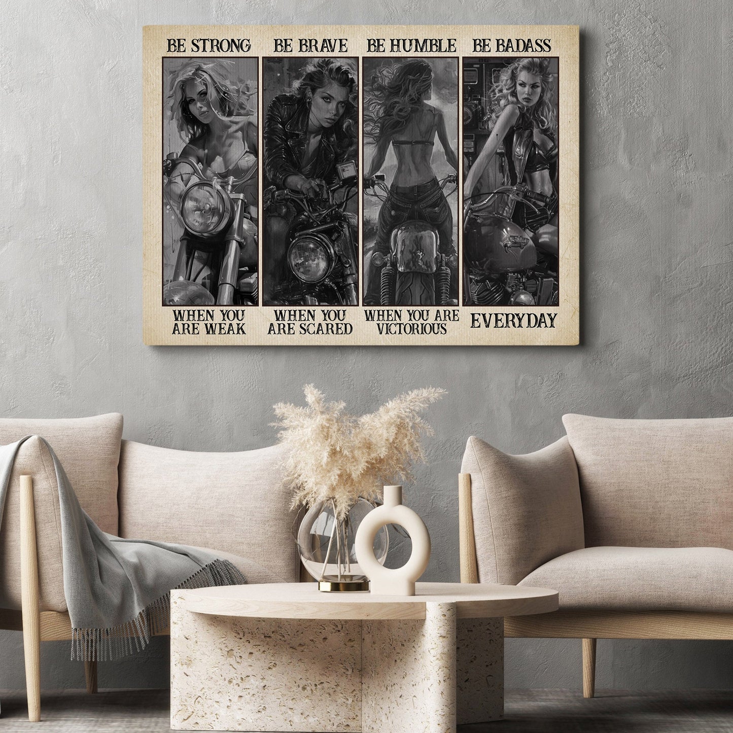 Be Strong Be Brave Be Badass, Motivational Motorcycle Girl Canvas Painting, Inspirational Quotes Wall Art Decor, Poster Gift For Motorcycle Lovers