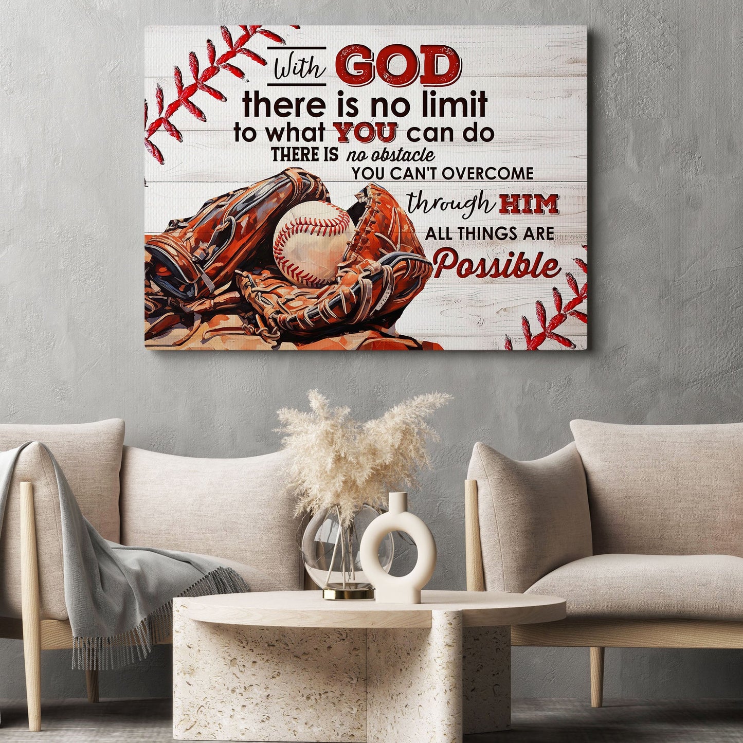 With God All Things Are Possible, Motivational Canvas Painting, Inspirational Quotes Wall Art Decor, Poster Gift For Baseball Lovers