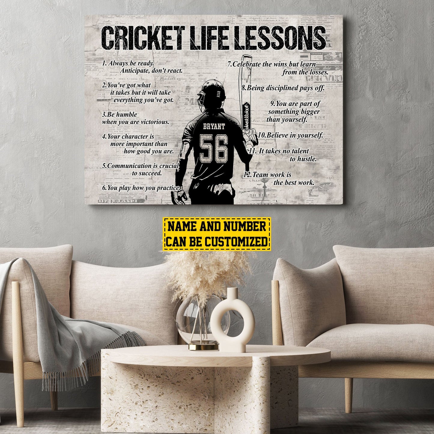 Cricket Life Lessons, Personalized Motivational Cricket Boy Canvas Painting, Inspirational Quotes Wall Art Decor, Poster Gift For Cricket Lovers