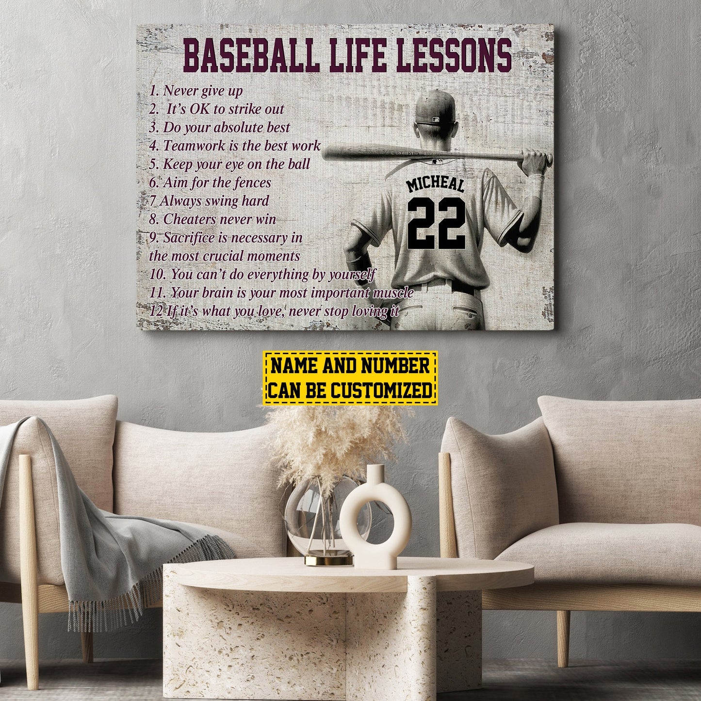 Baseball Life Lessons What You Love Never Stop, Personalized Motivational Baseball Canvas Painting, Inspirational Quotes Wall Art Decor, Poster Gift For Baseball Lovers