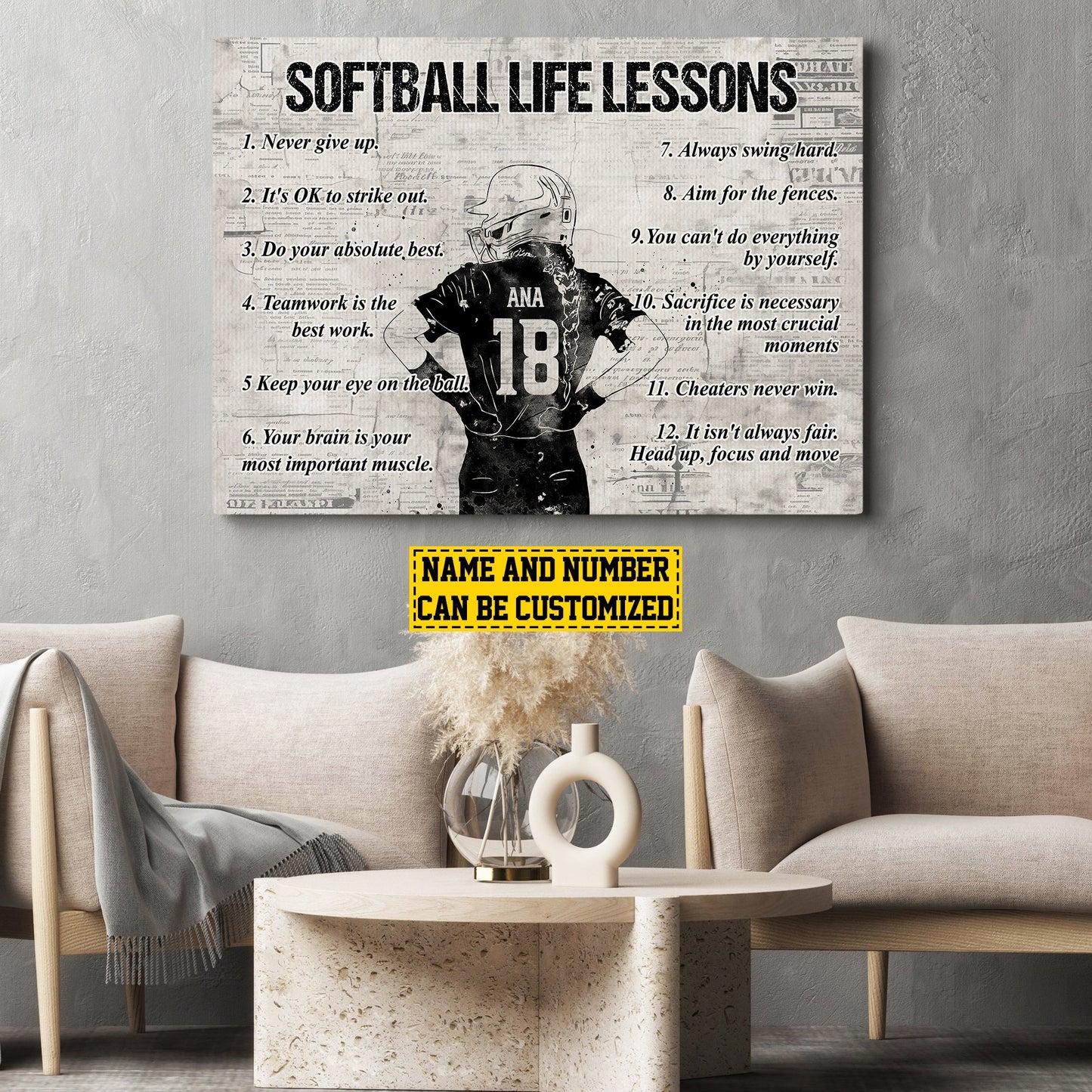 Softball Life Lessons Never Give Up, Personalized Motivational Softball Canvas Painting, Inspirational Quotes Wall Art Decor, Poster Gift For Softball Lovers