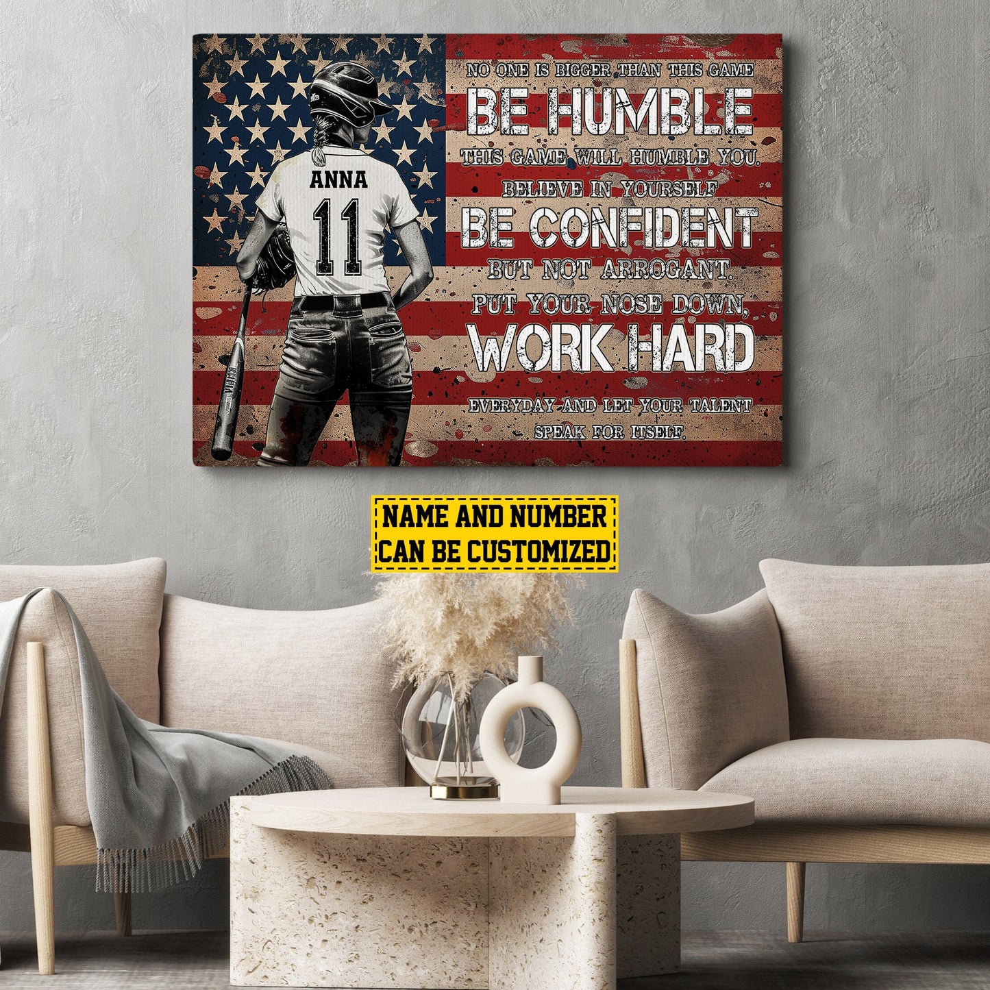 Personalized Motivational Softball Canvas Painting, Be Confident Work Hard, Inspirational Quotes Wall Art Decor, Poster Gift For Softball Lovers