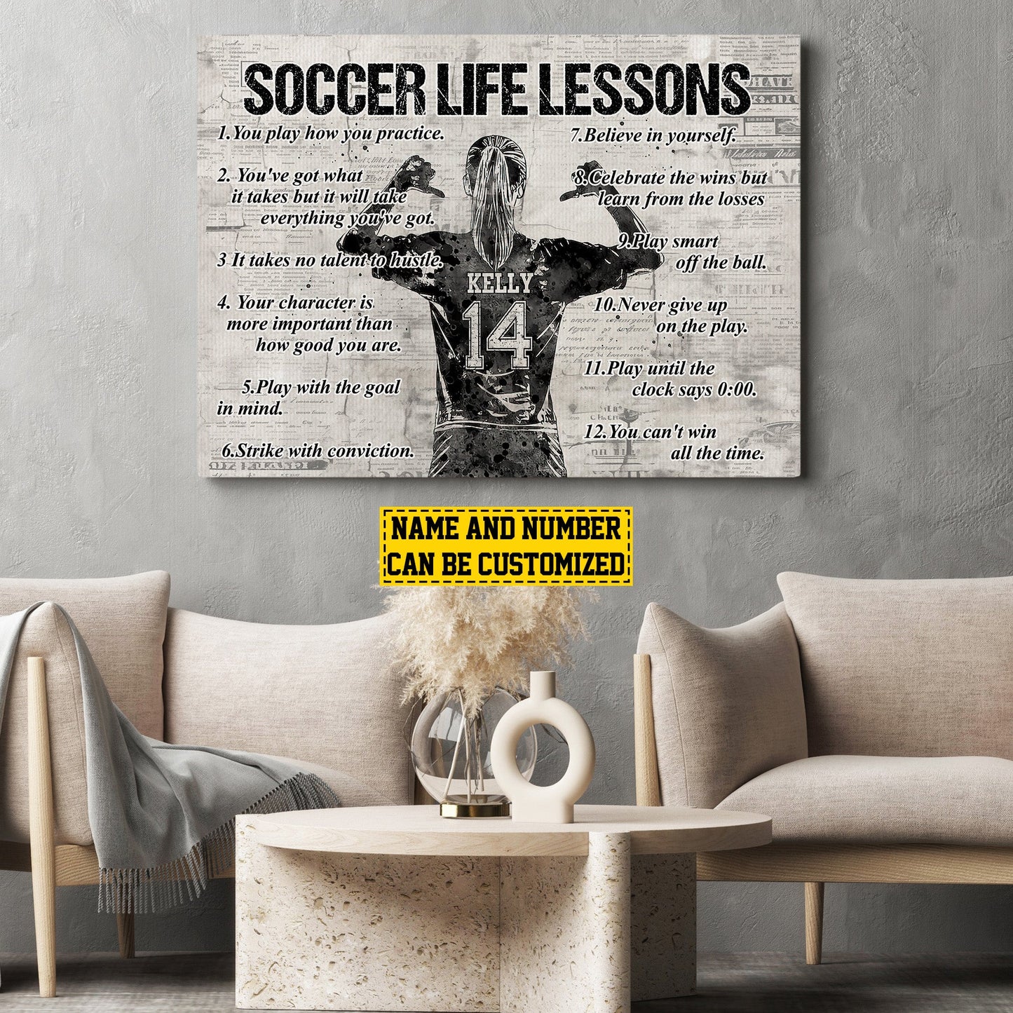 Soccer Life Lessons, Personalized Motivational Soccer Canvas Painting, Inspirational Quotes Wall Art Decor, Poster Gift For Soccer Girl Lovers