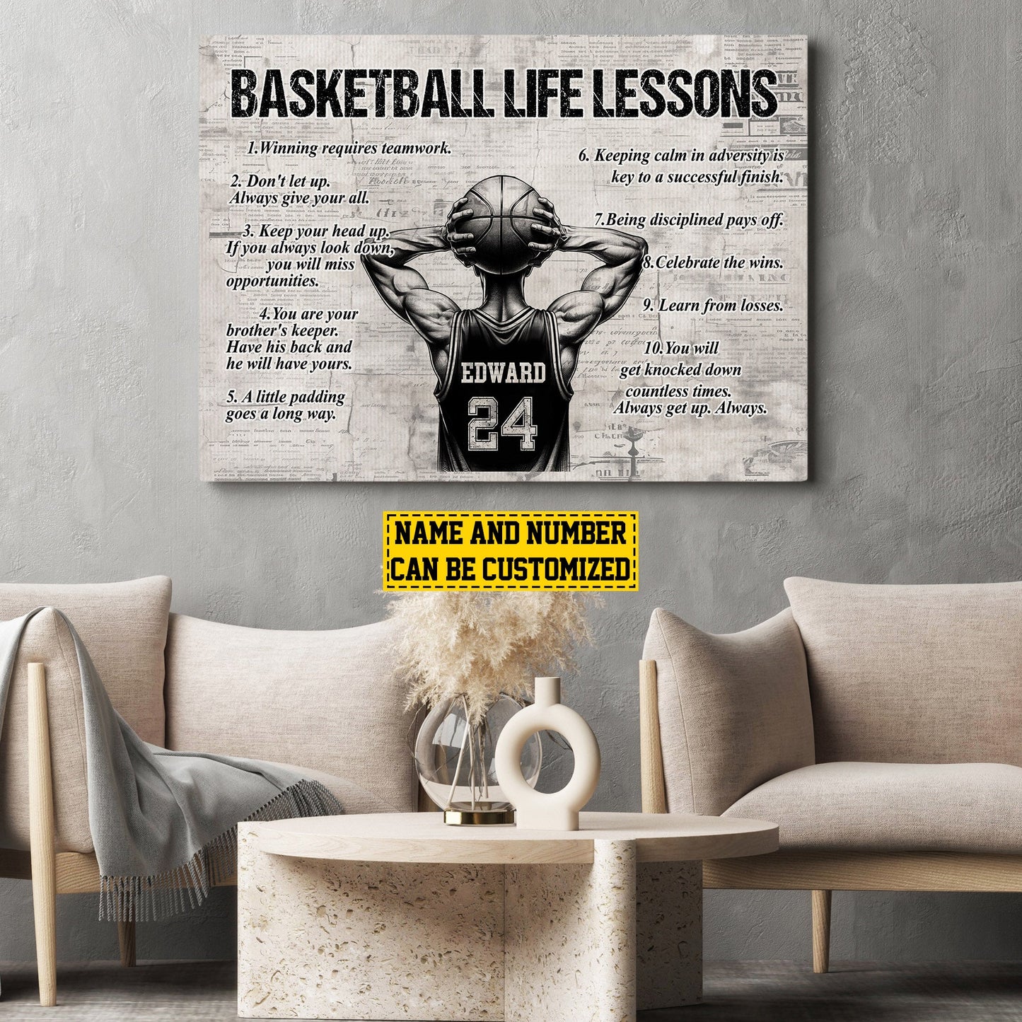 Basketball Life Lessons, Personalized Motivational Basketball Canvas Painting, Inspirational Quotes Wall Art Decor, Poster Gift For Basketball Lovers