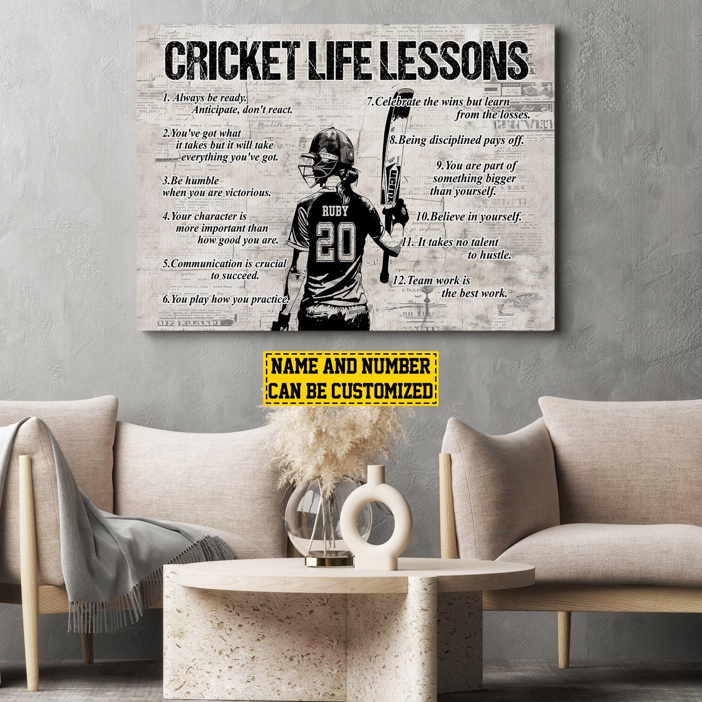 Cricket Life Lessons, Personalized Motivational Cricket Canvas Painting, Inspirational Quotes Wall Art Decor, Poster Gift For Cricket Lovers