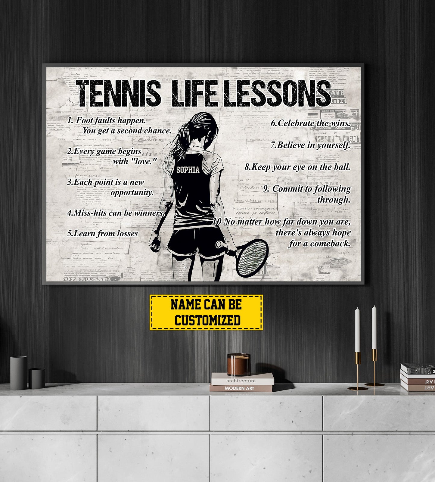 Tennis Life Lessons, Personalized Motivational Tennis Girl Canvas Painting, Inspirational Quotes Wall Art Decor, Poster Gift For Tennis Lovers