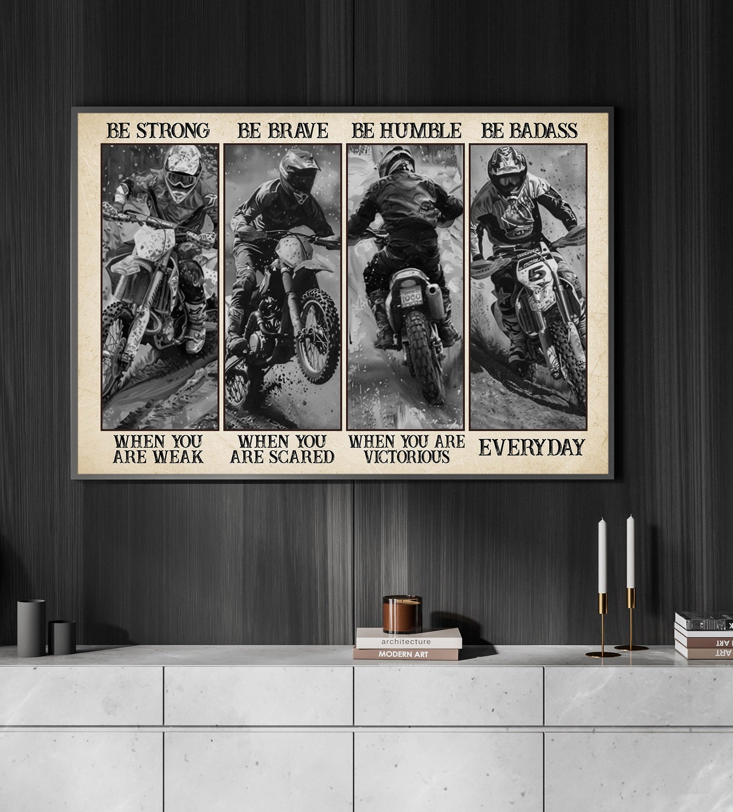 Be Strong Be Brave Be Badass, Motivational Dirt Bike Canvas Painting, Inspirational Quotes Wall Art Decor, Poster Gift For Dirt Bike Lovers