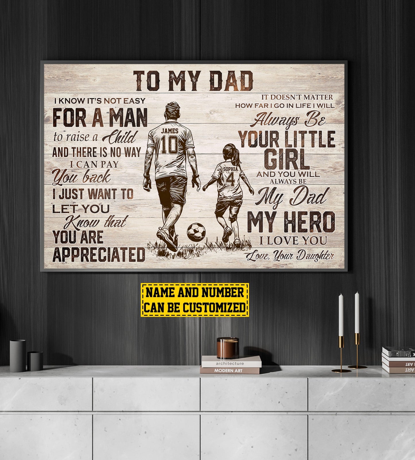 Personalized Soccer Girl Canvas Painting, To My Dad My Hero, Inspirational Quotes Soccer Wall Art Decor, Father's Day Poster Gift For Dad And Daughter