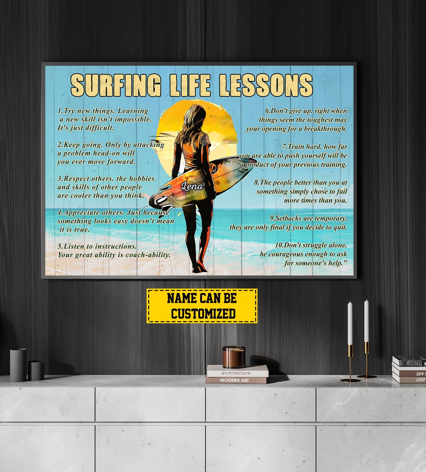 Surfing Life Lessons, Personalized Motivational Surfing Woman Canvas Painting, Inspirational Quotes Wall Art Decor, Poster Gift For Surfing Girl Lovers