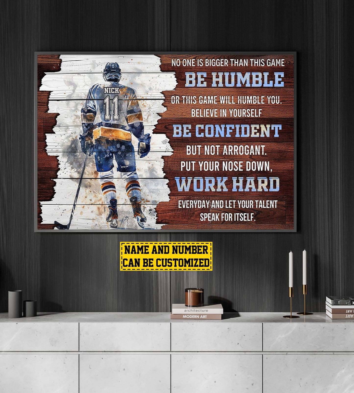 Be Humble Be Confident Work Hard, Personalized Motivational Hockey Canvas Painting, Inspirational Quotes Wall Art Decor, Poster Gift For Hockey Lovers