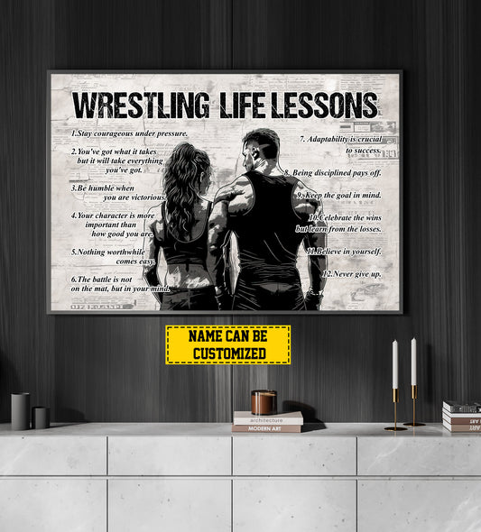 Couple Wrestling Life Lessons, Personalized Motivational Wrestling Canvas Painting, Inspirational Quotes Wall Art Decor, Poster Gift For Wrestling Lovers