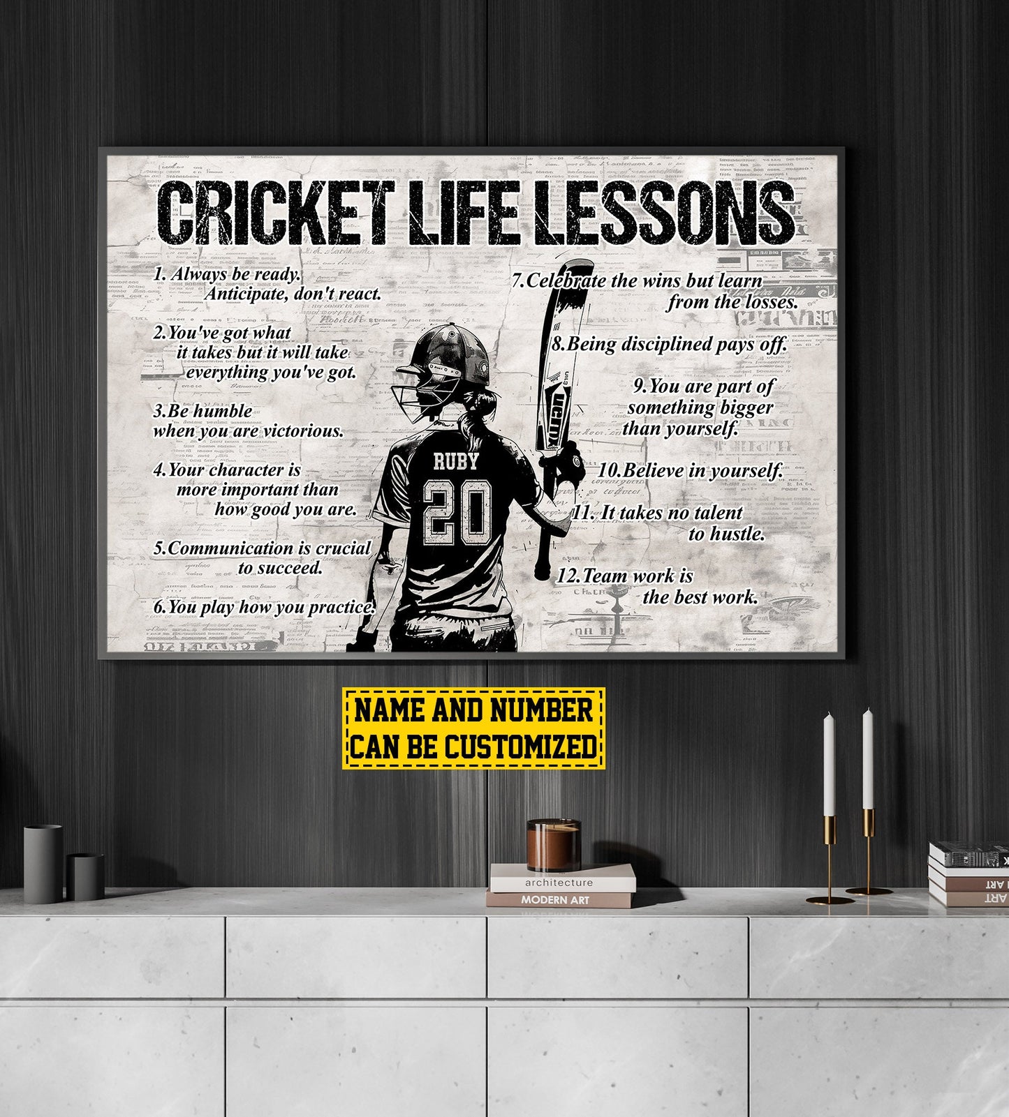 Cricket Life Lessons, Personalized Motivational Cricket Canvas Painting, Inspirational Quotes Wall Art Decor, Poster Gift For Cricket Lovers