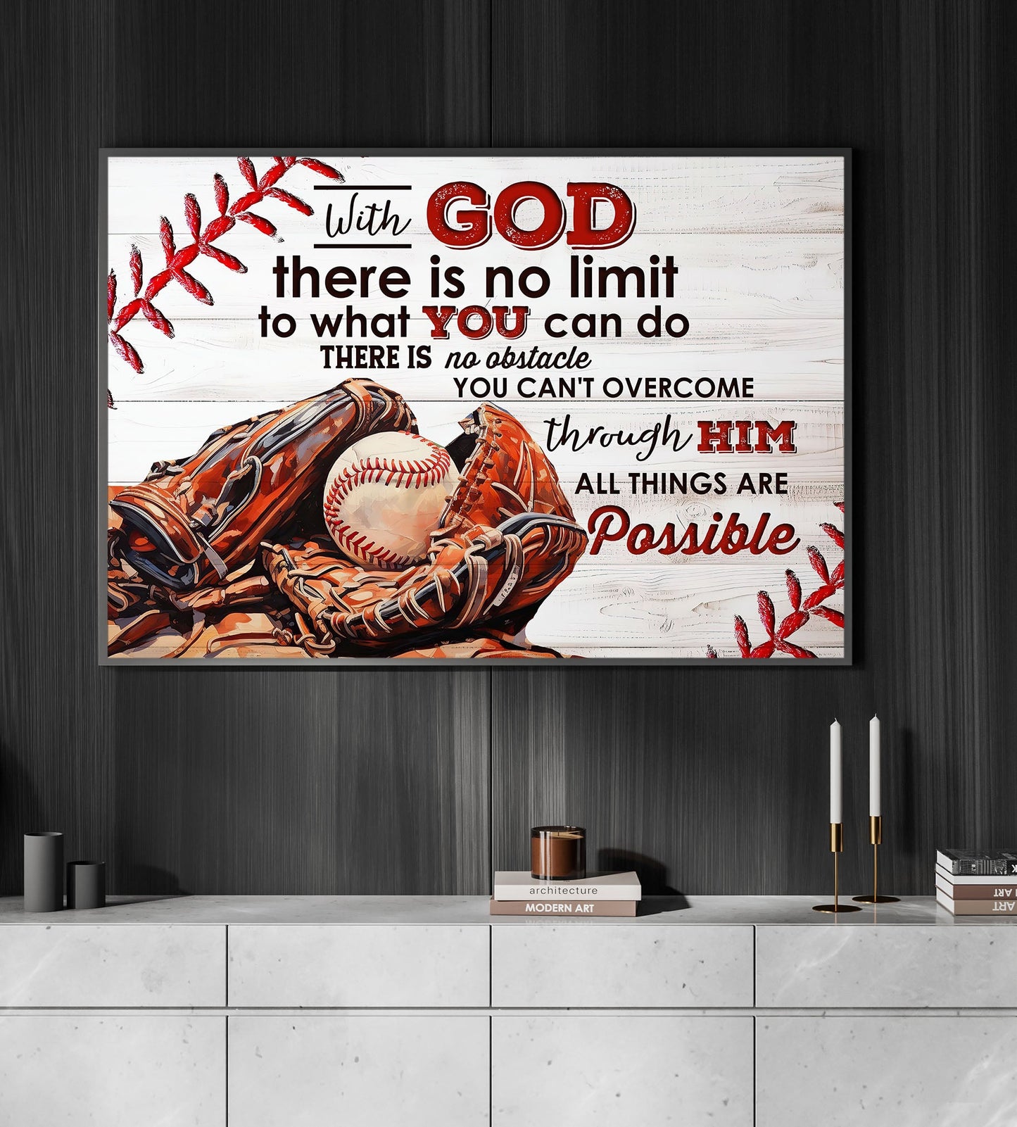 With God All Things Are Possible, Motivational Canvas Painting, Inspirational Quotes Wall Art Decor, Poster Gift For Baseball Lovers