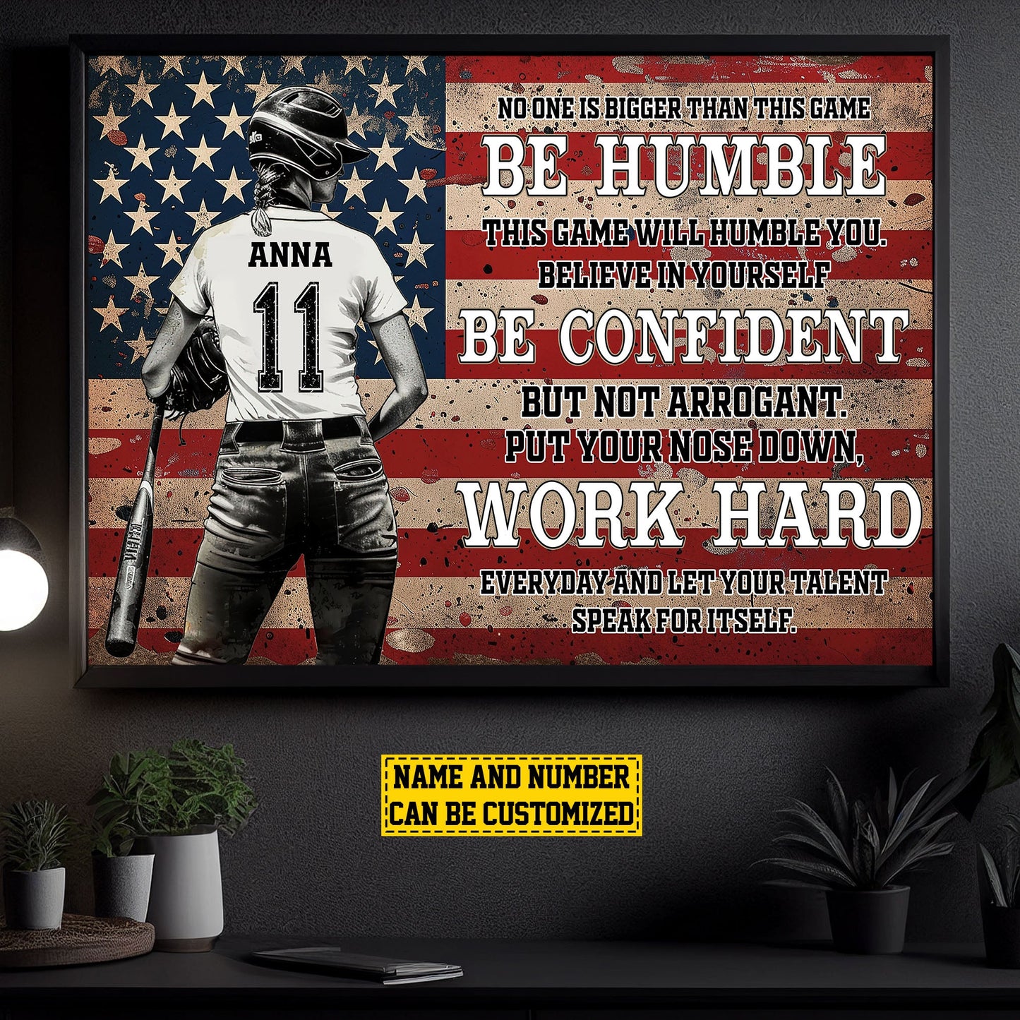 Personalized Motivational Softball Canvas Painting, Be Confident Work Hard, Inspirational Quotes Wall Art Decor, Poster Gift For Softball Lovers