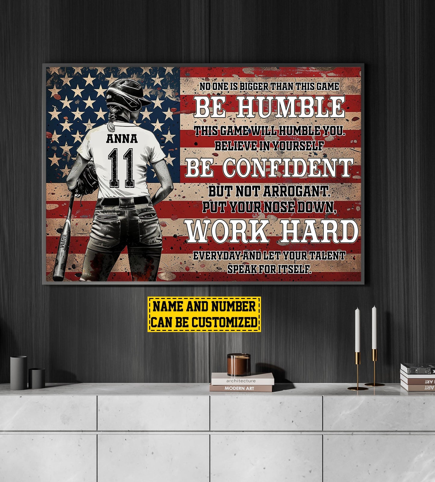 Personalized Motivational Softball Canvas Painting, Be Confident Work Hard, Inspirational Quotes Wall Art Decor, Poster Gift For Softball Lovers