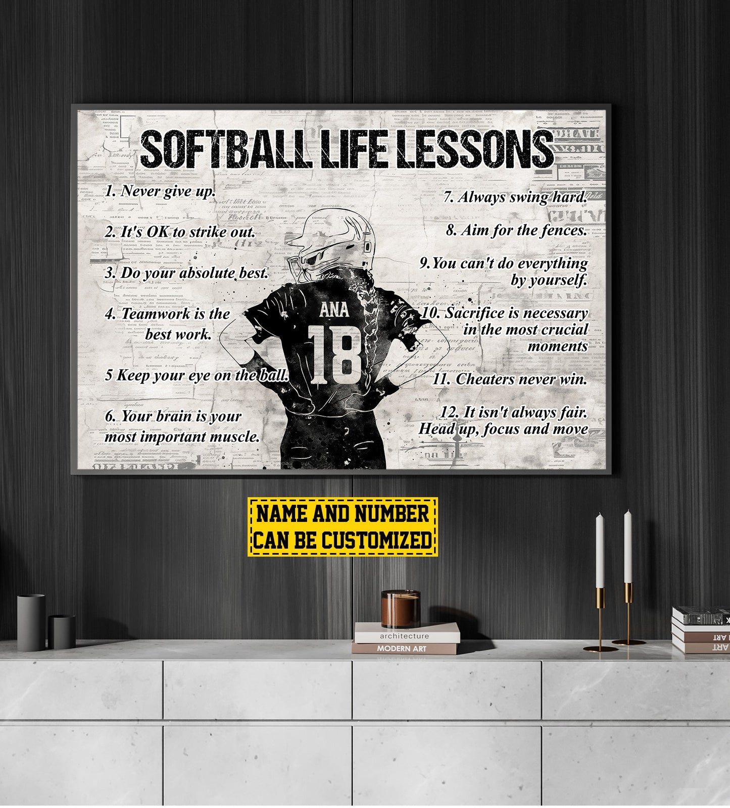 Softball Life Lessons Never Give Up, Personalized Motivational Softball Canvas Painting, Inspirational Quotes Wall Art Decor, Poster Gift For Softball Lovers