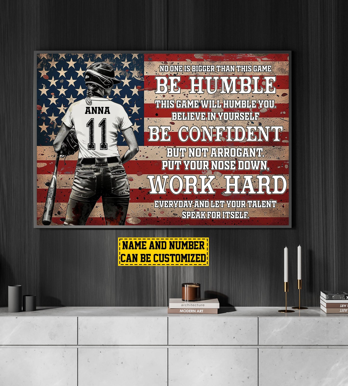 Personalized Motivational Softball Canvas Painting, Be Confident Work Hard, Inspirational Quotes Wall Art Decor, Poster Gift For Softball Lovers