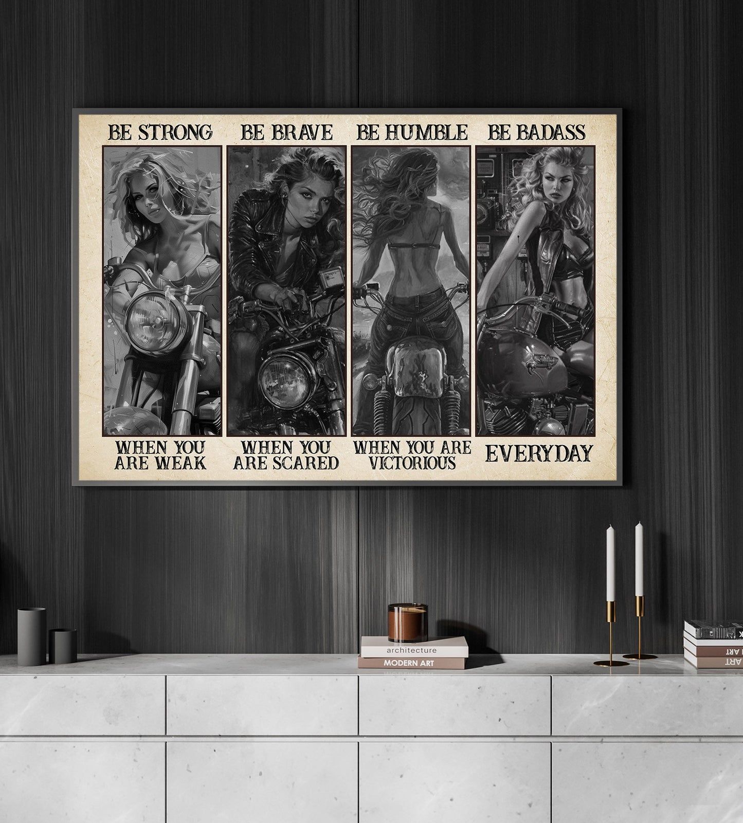 Be Strong Be Brave Be Badass, Motivational Motorcycle Girl Canvas Painting, Inspirational Quotes Wall Art Decor, Poster Gift For Motorcycle Lovers