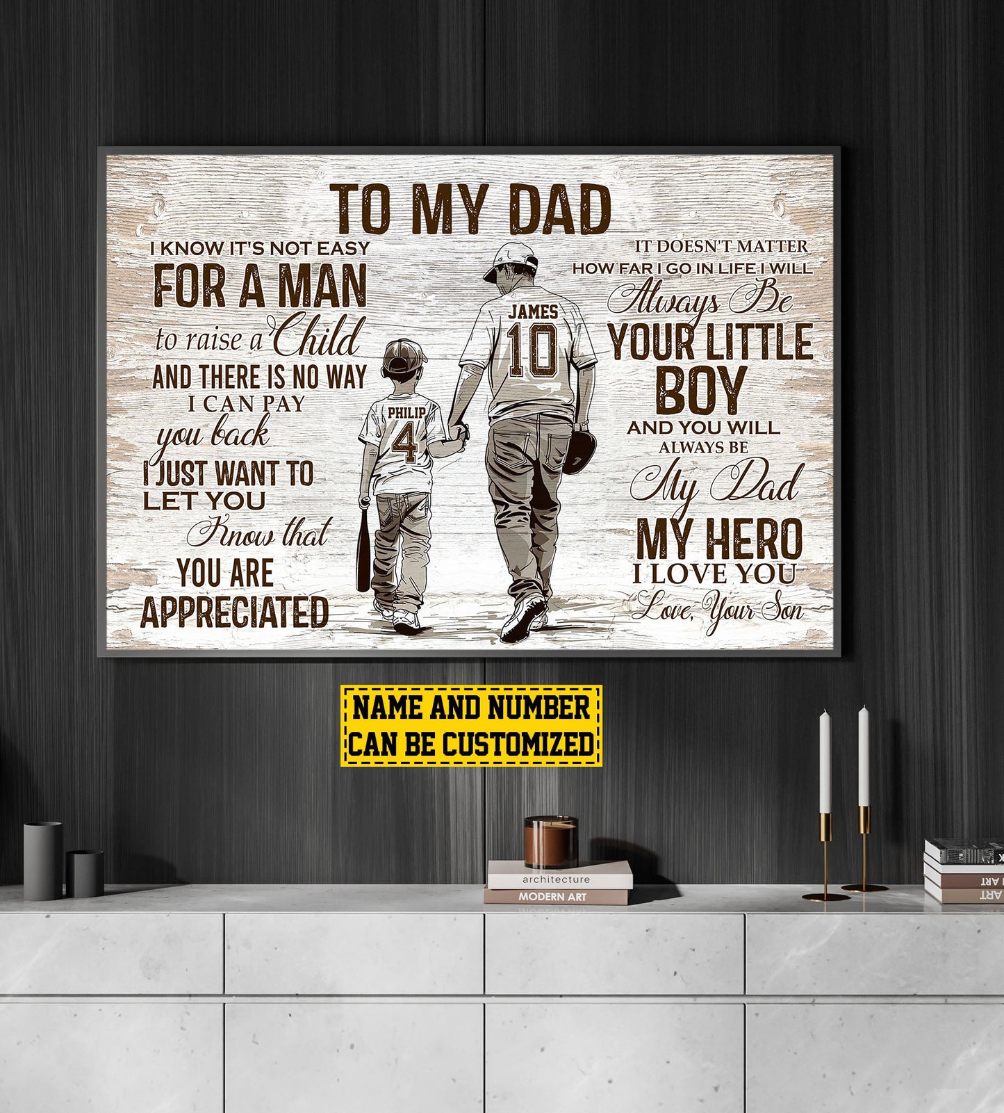 To My Dad You Are My Hero, Personalized Motivational Baseball Boy Canvas Painting, Inspirational Quotes Wall Art Decor, Father's Day Poster Gift For Dad And Sons