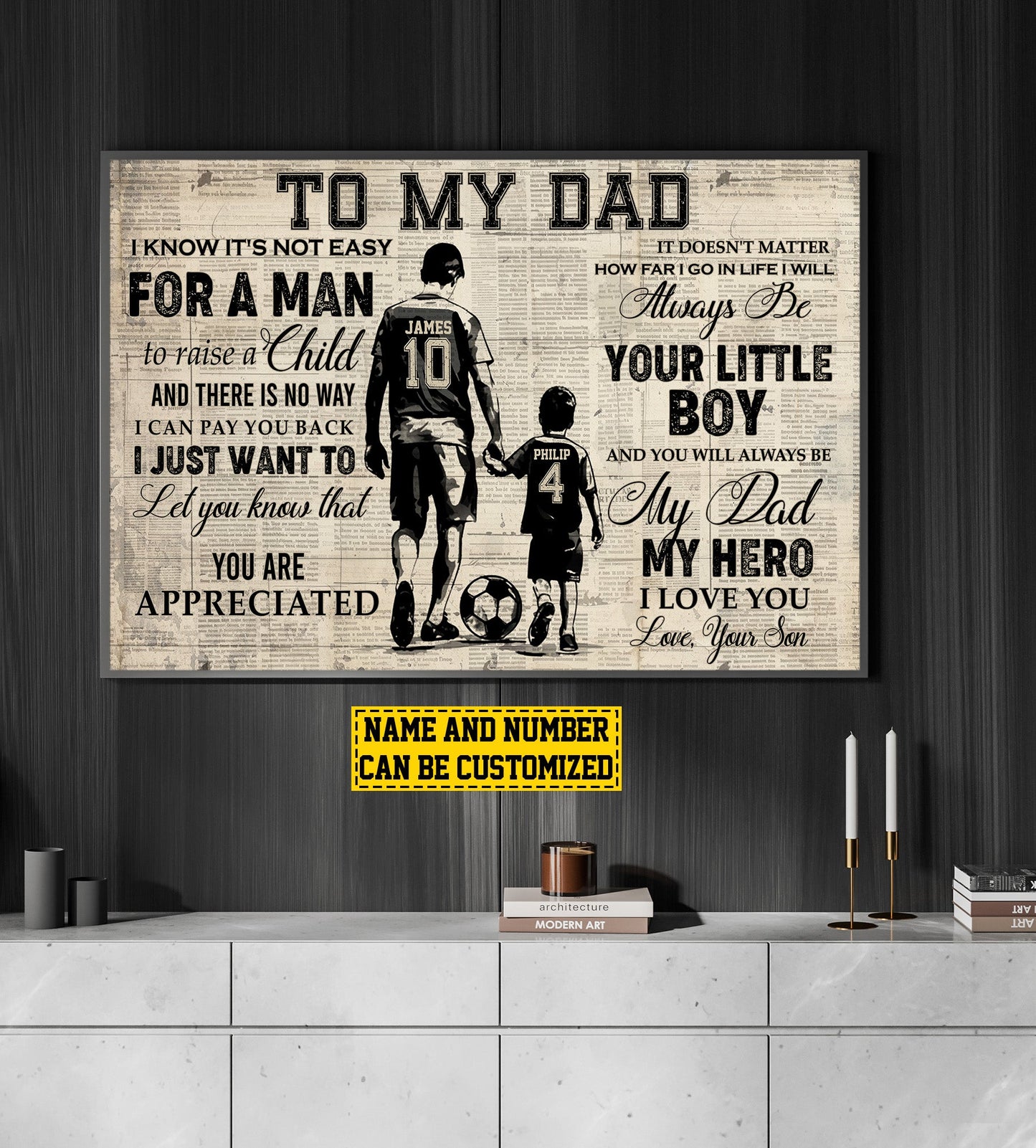 To My Dad My Hero, Personalized Motivational Soccer Boy Canvas Painting, Inspirational Quotes Soccer Wall Art Decor, Father's Day Poster Gift For Dad And Sons