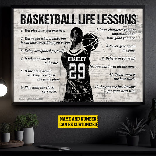 Personalized Motivational Basketball Girls Canvas Painting, Basketball Life Lessons, Inspirational Quotes Wall Art Decor, Poster Gift For Basketball Lovers