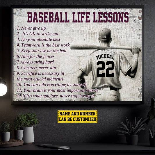 Baseball Life Lessons What You Love Never Stop, Personalized Motivational Baseball Canvas Painting, Inspirational Quotes Wall Art Decor, Poster Gift For Baseball Lovers