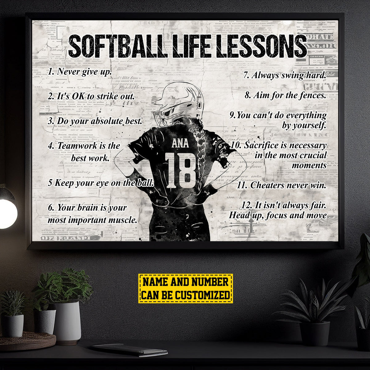 Softball Lessons Frame Softball Life Lessons Never Give Up, Personalized Motivational Softbal ...