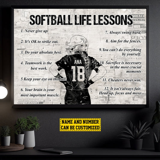 Softball Life Lessons Never Give Up, Personalized Motivational Softball Canvas Painting, Inspirational Quotes Wall Art Decor, Poster Gift For Softball Lovers