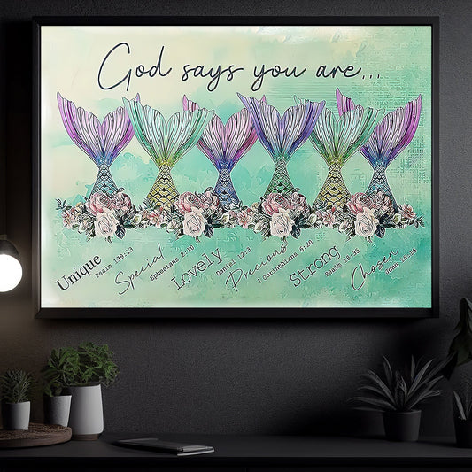 God Says You Are Unique Special Strong, Mermaid Canvas Painting, Inspirational Quotes Wall Art Decor, Poster Gift For Mermaid Lovers