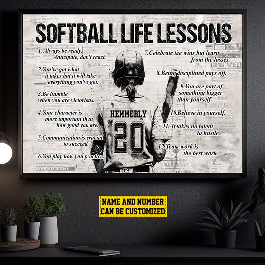 Softball Girl Life Lessons Always Be Ready, Personalized Motivational Softball Canvas Painting, Inspirational Quotes Wall Art Decor, Poster Gift For Softball Girl Lovers