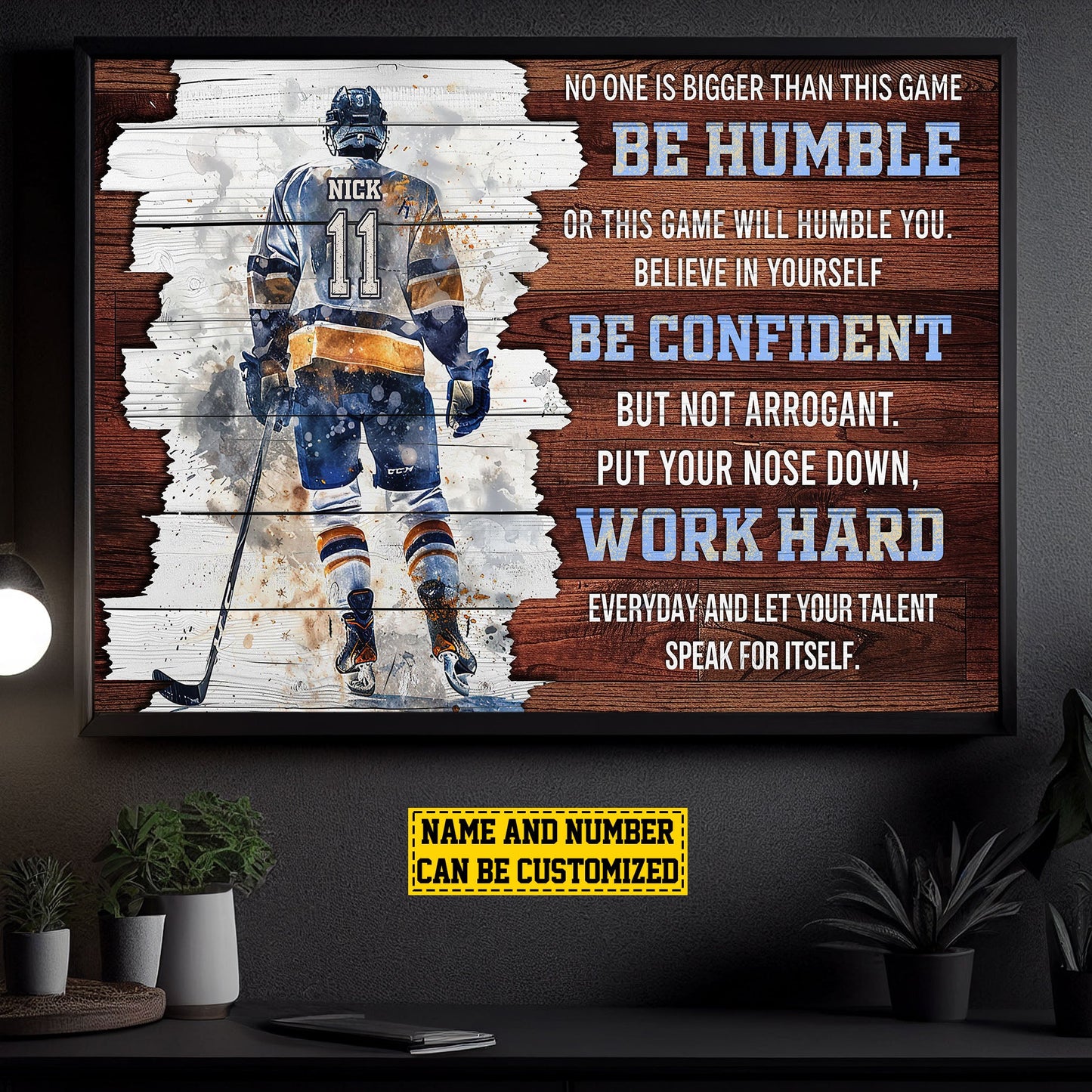 Be Humble Be Confident Work Hard, Personalized Motivational Hockey Canvas Painting, Inspirational Quotes Wall Art Decor, Poster Gift For Hockey Lovers