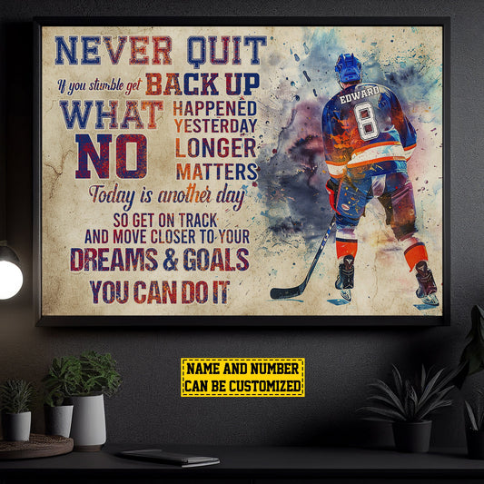 Never Quit Dream Goals You Can Do It, Personalized Motivational Hockey Canvas Painting, Inspirational Quotes Wall Art Decor, Poster Gift For Hockey Lovers