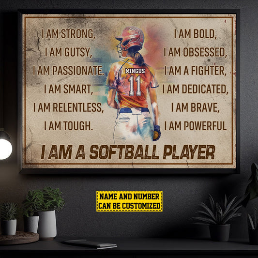 I Am A Softball Player, Personalized Motivational Softball Canvas Painting, Inspirational Quotes Wall Art Decor, Poster Gift For Softball Lovers