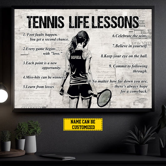 Tennis Life Lessons, Personalized Motivational Tennis Girl Canvas Painting, Inspirational Quotes Wall Art Decor, Poster Gift For Tennis Lovers