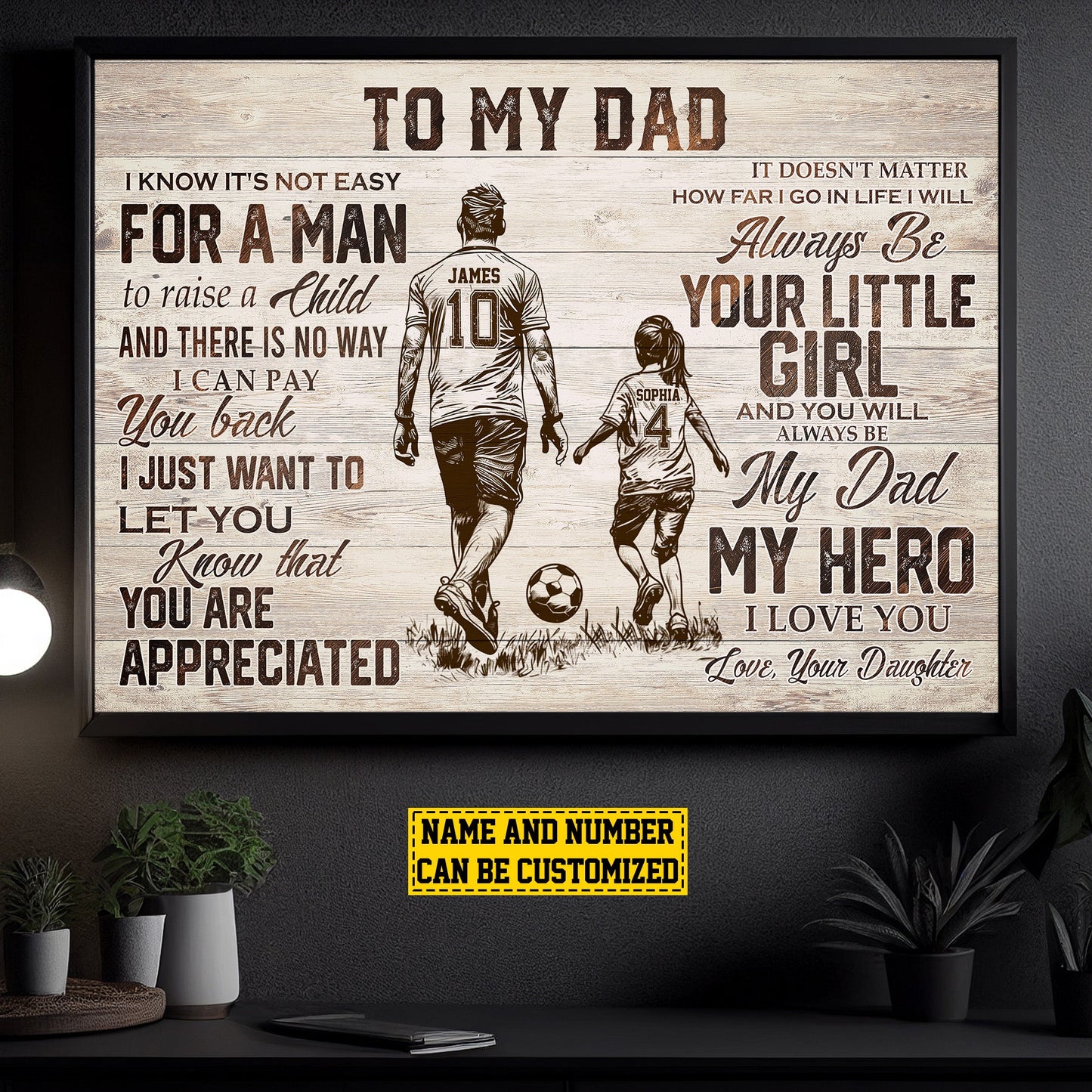 Personalized Soccer Girl Canvas Painting, To My Dad My Hero, Inspirational Quotes Soccer Wall Art Decor, Father's Day Poster Gift For Dad And Daughter