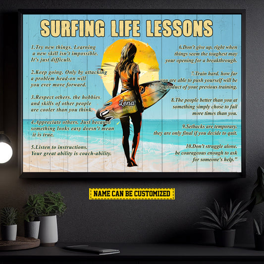 Surfing Life Lessons, Personalized Motivational Surfing Woman Canvas Painting, Inspirational Quotes Wall Art Decor, Poster Gift For Surfing Girl Lovers