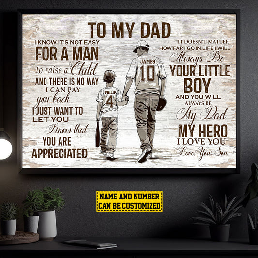 To My Dad You Are My Hero, Personalized Motivational Baseball Boy Canvas Painting, Inspirational Quotes Wall Art Decor, Father's Day Poster Gift For Dad And Sons
