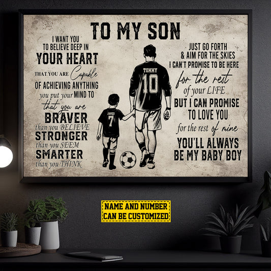 To My Son You Are Braver, Personalized Motivational Soccer Boy Canvas Painting, Inspirational Quotes Soccer Wall Art Decor, Father's Day Poster Gift For Dad And Sons