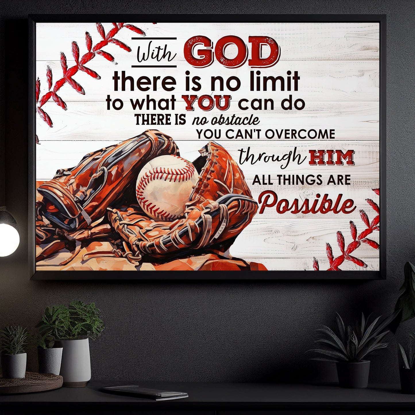 With God All Things Are Possible, Motivational Canvas Painting, Inspirational Quotes Wall Art Decor, Poster Gift For Baseball Lovers